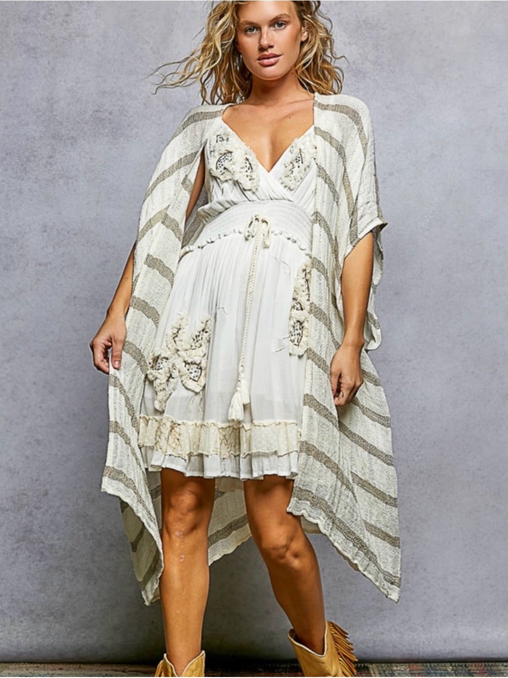 POL Flax and Linen Loose Fit Striped Kimono Open Cardigan Size Large NWT